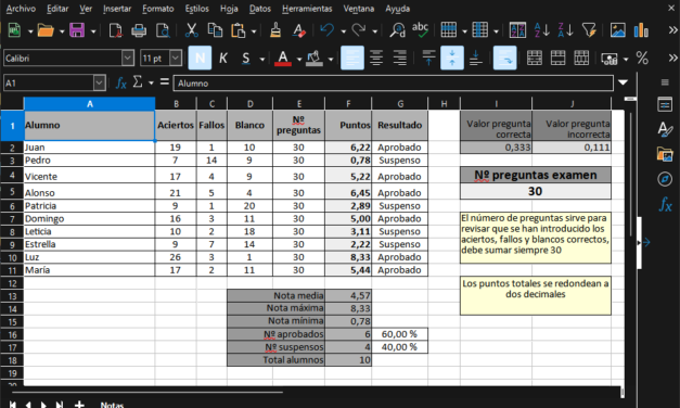Ejemplo de hoja de cálculo Excel para cálculo de notas de exámenes