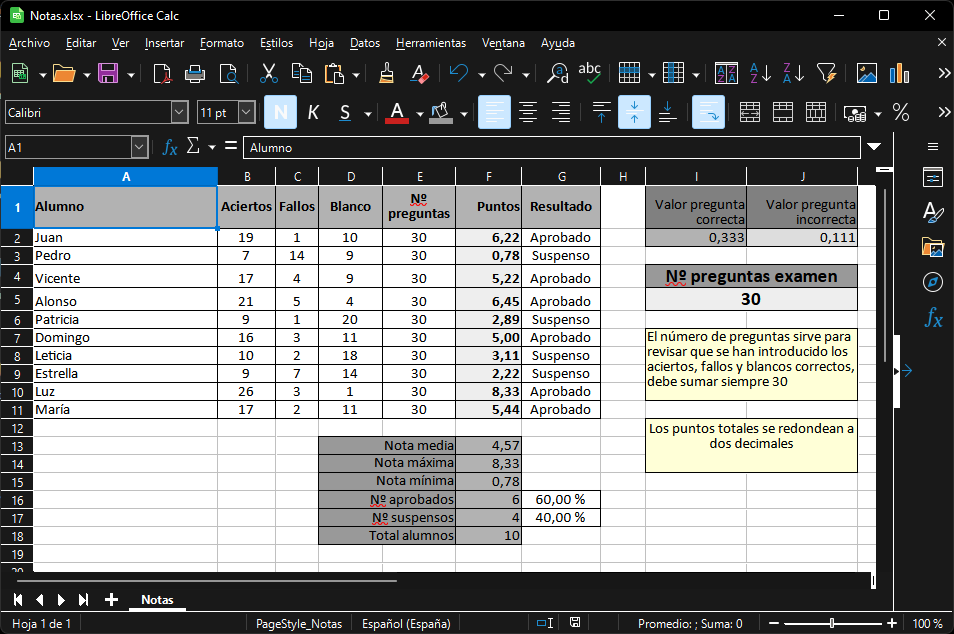 Ejemplo de hoja de cálculo Excel para cálculo de notas de exámenes