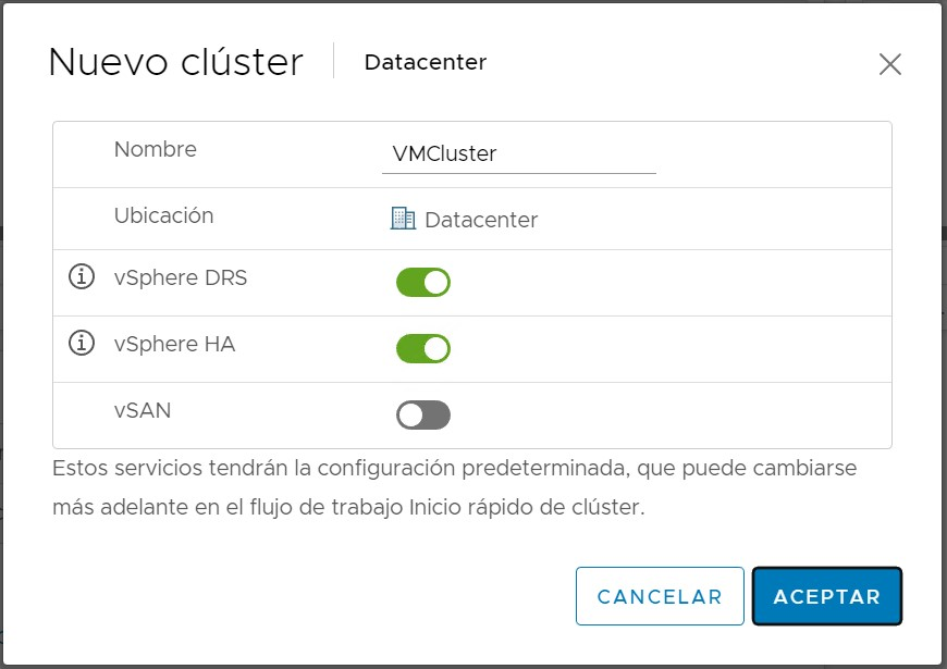 Crear el clúster vCenter Server para alta disponibilidad HA