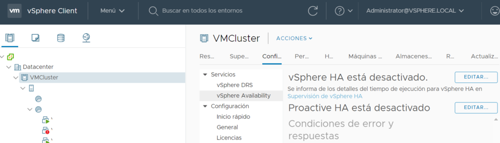 Activar alta disponibilidad HA en el clúster VMware vCenter Server