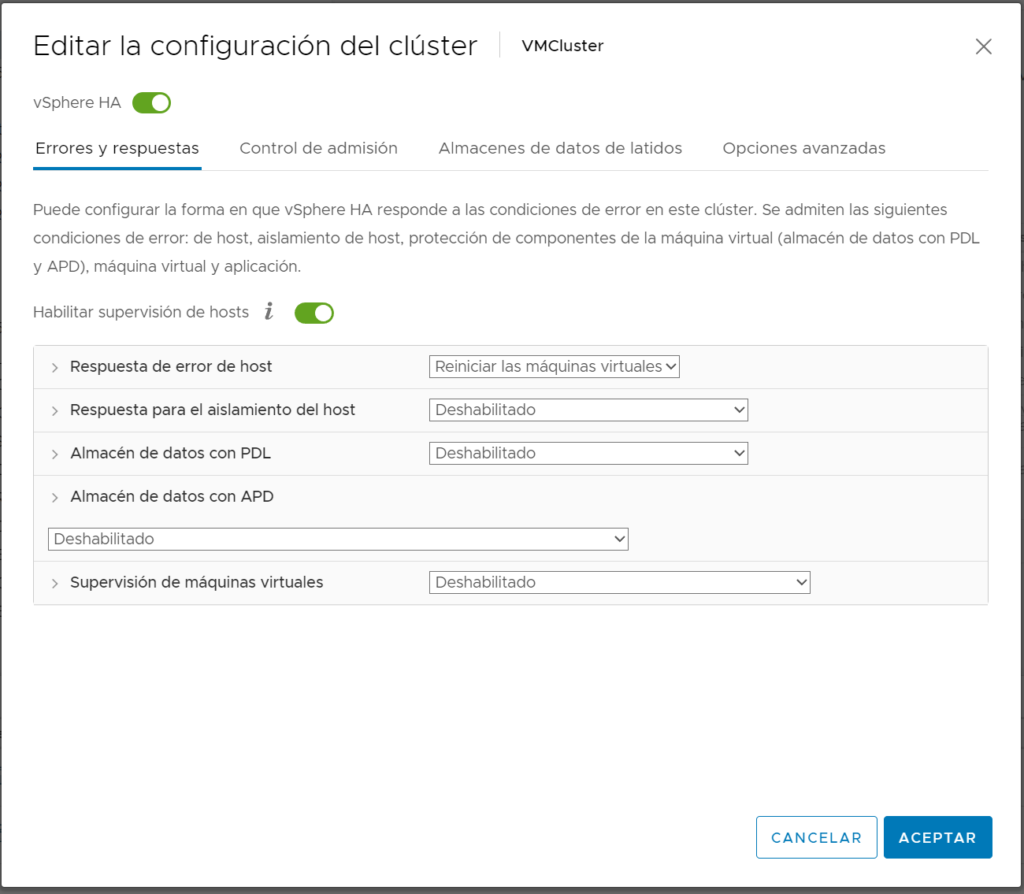 Activar alta disponibilidad HA en el clúster VMware vCenter Server