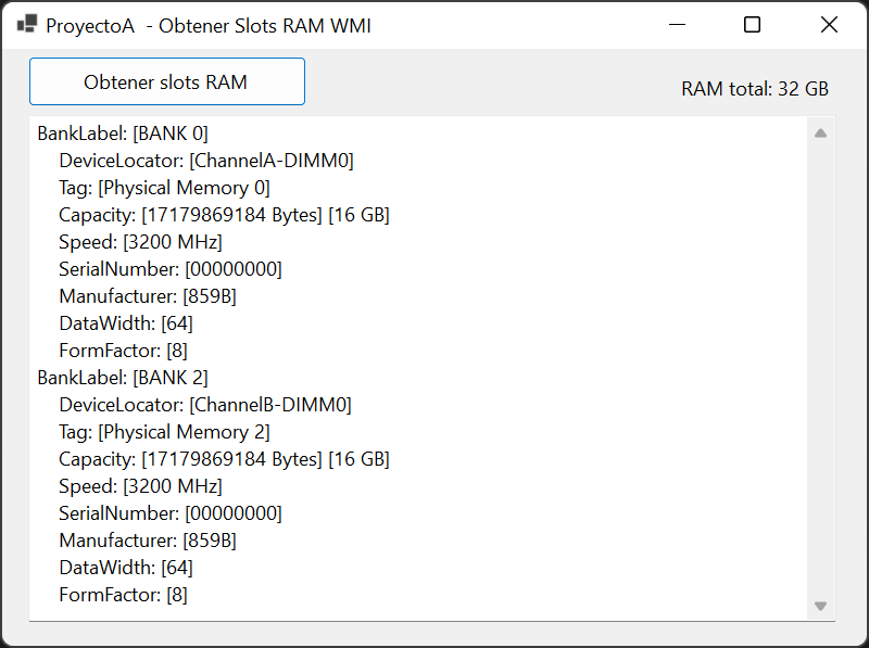 Aplicación ProyectoA - Obtener Slots RAM WMI en funcionamiento