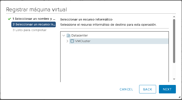 Inventariar máquina virtual en clúster VMware vCenter desde datastore