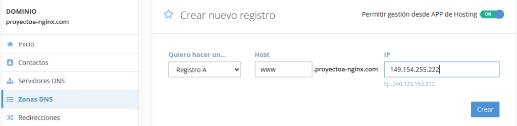 Acceso externo con dominio registrado a cada sitio web del servidor Nginx