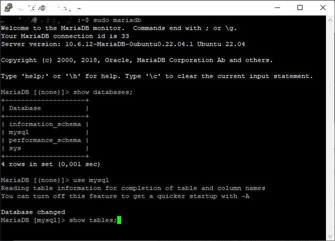 Probar acceso a MariaDB desde la línea de comandos de Linux Ubuntu Server 22.04