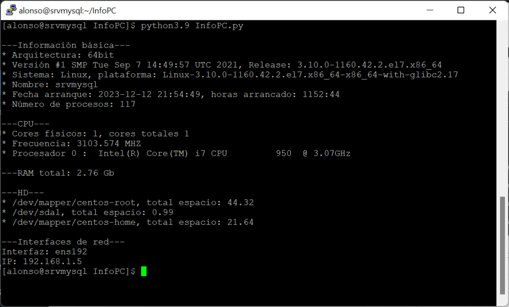 Script Python para obtener datos del equipo CPU RAM IP espacio en disco