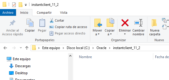 Descarga y descompresión de los ficheros necesarios con Oracle Instant Client, ODBC y SQL Plus
