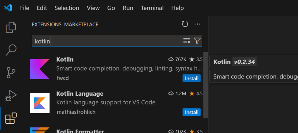 Instalar los plugin Kotlin y Code Runner en Visual Studio Code