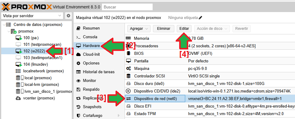 Cambiar tipo de adaptador de red de máquina virtual Windows Server 2022 sobre Proxmox a VirtIO paravirtualizado