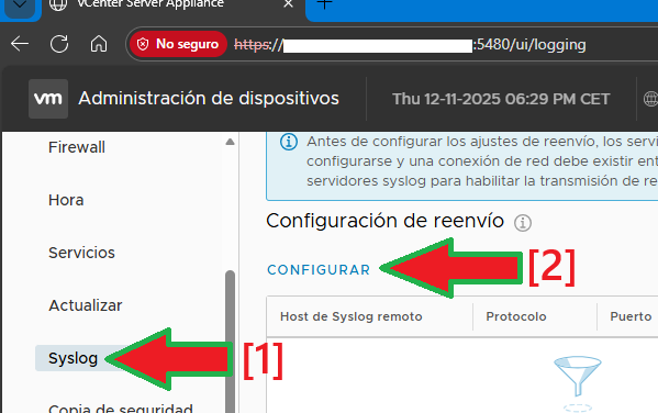 Configurar reenvío de log a syslog en VMware vCenter