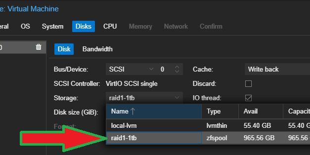 Crear pool RAID 1 ZFS Mirror en Proxmox