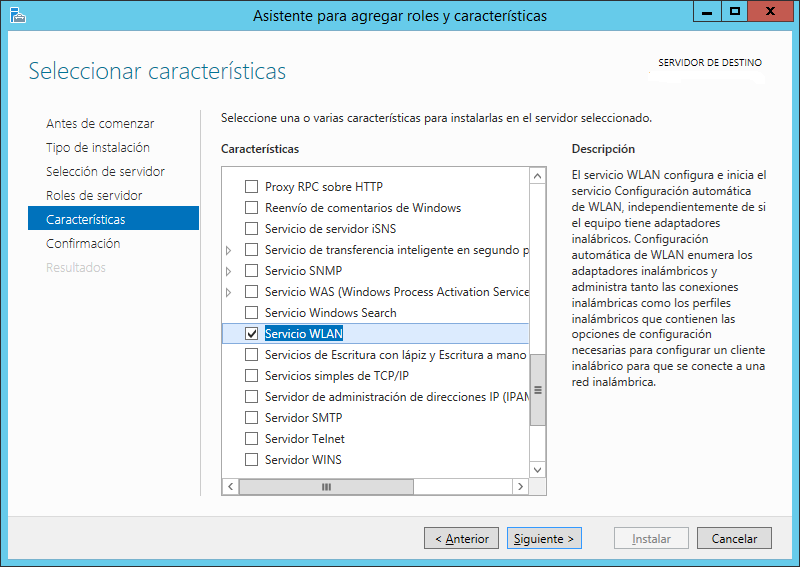 Instalar caracterísica Servicio WLAN en Windows Server 2012