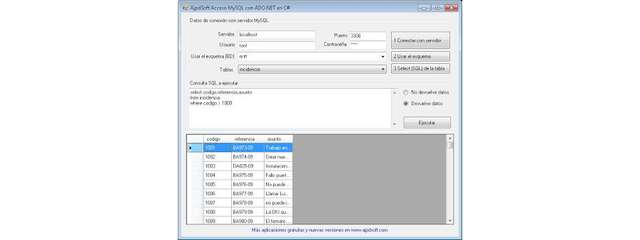AjpdSoft Acceso MySQL con ADO.NET Código Fuente C Sharp C#